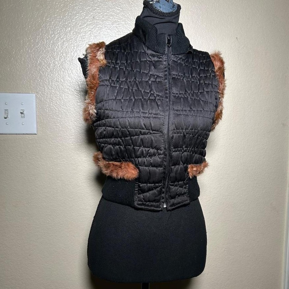 Do & Be Y2K Puffer Vest Black Faux Fur Trim Quilted Zip Up Sleeveless JI052 S